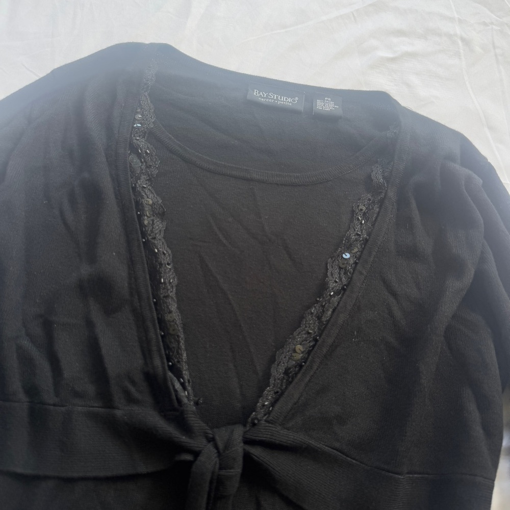 Vintage 90s Y2K Black Knit Long Sleeve Top with Tie Detail and Sequins - Picture 3 of 8